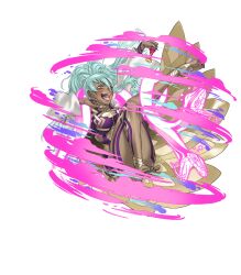 1girl @_@ attack barefoot body_markings breasts dark-skinned_female dark_skin fang fire_emblem fire_emblem_heroes food fruit glowing glowing_animal grey_hair highres holding holding_food holding_fruit jewelry kozaki_yuusuke large_breasts long_hair messy_hair nail_polish nidhoggr_(fire_emblem) nintendo non-web_source official_art open_mouth pelvic_curtain pink_eyes ponytail purple_nails revealing_clothes ring robe smile snake solo toenail_polish toenails tongue tongue_out transparent_background white_robe