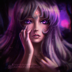 1girl axsen blurry facial_mark female_focus fingernails forehead_mark glowing hand_on_own_cheek hand_on_own_chest hand_on_own_face lady_amalthea long_fingernails purple_eyes silver_hair solo the_last_unicorn watermark web_address
