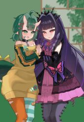 Rule 34 | 2girls, absurdres, ahoge, arisu oshiro, asymmetrical legwear, bow, bug, butterfly, chio chompi, commission, crown, crown hair ornament, dress, green eyes, green hair, hair ornament, hairclip, highres, holding hands, horns, indoors, insect, interlocked fingers, knee up, knees up, long hair, looking at another, multiple girls, pixellink, purple hair, red eyes, ribbon, short hair, skirt, spikes, standing, thighhighs, tree, virtual youtuber, window