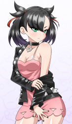 1girl abra aqua_eyes armpits asymmetrical_bangs bare_shoulders black_choker black_hair black_jacket blush breasts child choker cleavage collarbone covering_crotch covering_privates dress earrings female_focus gen_1_pokemon gen_8_pokemon gradient_background hair_ribbon highres jacket jewelry leather leather_jacket legs looking_to_the_side marnie_(pokemon) nail_polish neck nintendo pale_skin pink_dress pokemon pokemon_(creature) pokemon_swsh removing_jacket ribbon serious shiny_skin simple_background sleeveless sleeveless_dress small_breasts thighs twintails undercut undressing yensh