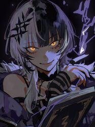 1girl akmizuk black_background black_hair black_nails book dark highres hololive hololive_english jewelry multicolored_hair ring shiori_novella shiori_novella_(1st_costume) smile split-color_hair virtual_youtuber white_hair yellow_eyes