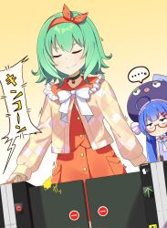 Rule 34 | ..., 2girls, a.i. voice, ahoge, argyle cardigan, argyle clothes, ascot, black choker, blue eyes, blue hair, blunt bangs, bow, bow hairband, bowtie, cardigan, chaakusu, choker, closed eyes, closed mouth, doyagao, dress, dutch angle, eel hat, fare gate, flipped hair, frilled sailor collar, frills, glasses, gradient background, green hair, gumi, gumi (a.i. voice), hair between eyes, hair ornament, hairband, hairclip, hat, highres, jacket, jitome, large hat, long sleeves, low twintails, medium hair, mortarboard, multiple girls, open clothes, open jacket, orange hairband, orange sailor collar, orange shirt, orange skirt, otomachi una, otomachi una (talkex), pendant choker, puffy long sleeves, puffy sleeves, purple hat, raglan sleeves, sailor collar, shirt, sidelocks, skirt, sleeveless, sleeveless dress, smile, smug, speech bubble, spoken ellipsis, talkex, twintails, v-shaped eyebrows, voiceroid, walking, white ascot, white bow, white bowtie, white sailor collar, yellow background, yellow jacket