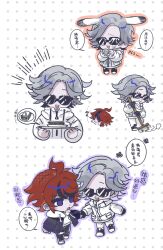 2boys aotsuki_eito black_hair blue_eyes broom chibi chibi_only food full_body glasses holding holding_broom holding_hands holding_plate holding_weapon japanese_text male_focus multicolored_eyes multicolored_hair multiple_boys open_mouth plate rabbit_ears red_eyes red_hair sandwich speech_bubble sumino_takumi sunglasses sweeping the_hundred_line_-last_defense_academy- translation_request weapon white_hair
