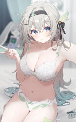 1girl :&gt; alternate_costume artist_name bare_shoulders black_hairband blurry blurry_background blush bow bow_bra bra breasts cleavage closed_mouth collarbone crossed_bangs deyui duplicate fanbox_logo firefly_(honkai:_star_rail) grey_hair hair_between_eyes hair_intakes hair_ornament hairband hairclip highres honkai:_star_rail honkai_(series) lace lace-trimmed_bra lace-trimmed_panties lace_trim large_breasts long_hair looking_at_viewer navel on_bed outstretched_arm panties patreon_logo pixel-perfect_duplicate purple_eyes selfie sitting solo stomach underwear underwear_only v white_bra white_panties