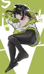 1girl absurdres animal_ears black_pantyhose feet highres hood hooded_jacket hoodie inno_(innoamp) jacket long_hair no_shoes original pantyhose soles solo toes twintails