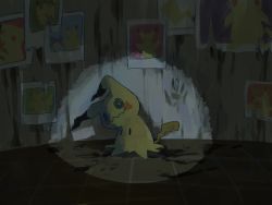 black_eyes cleaning_rag commentary_request creatures_(company) dark disguise full_body game_freak gen_7_pokemon highres looking_to_the_side mimikyu nintendo no_humans photo_(object) pokemon pokemon_(creature) pokemon_focus solid_oval_eyes solo spotlight watanuki_(561yashi)