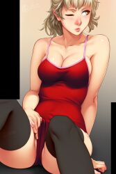 1girl black_thighhighs blonde_hair blunt_bangs blush breasts cleavage close-up clothing_aside collarbone feguimel female_masturbation female_pubic_hair fingernails highres masturbation medium_breasts one-piece_swimsuit one_eye_closed original photoshop_(medium) pubic_hair pubic_hair_peek red_one-piece_swimsuit sitting solo spaghetti_strap swimsuit swimsuit_aside thighhighs thighs upper_body watermark