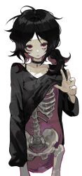 1girl absurdres ashley_graves black_choker black_hair bone choker closed_mouth collarbone commentary english_commentary highres k_hottok long_sleeves messy_hair red_eyes shirt simple_background solo the_coffin_of_andy_and_leyley white_background