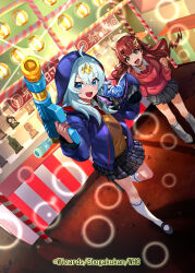 2girls ahoge black_choker black_hoodie black_ribbon black_shoes black_skirt blue_eyes blue_hoodie bow brown_hair brown_vest character_doll choker classroom copyright_notice doll dragon_musume_ni_naritakunai! duel_masters fang gun hair_ornament hair_ribbon hairpin holding holding_gun holding_weapon hood hooded_jacket hoodie ichimaru_kisuke jacket kumada_suzu long_hair long_sleeves looking_at_viewer loose_socks maguma_mega mascot multiple_girls official_art open_mouth plaid_clothes plaid_skirt red_bow red_hair red_hoodie ribbon shirt shoes shooting_gallery sidelocks skirt sleeves_past_fingers sleeves_past_wrists smile socks sparkle standing standing_on_one_leg stuffed_toy summer_festival sweater_vest very_long_hair vest water_gun weapon white_hair white_shirt white_socks yellow_eyes