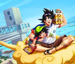 2boys alcohol beer brazil calling chips_(food) day dragon_ball dragon_ranger dragonball_z ec_bahia filipeemerson3 flying_nimbus food highres mighty_morphin_green_ranger mighty_morphin_power_rangers multiple_boys nike_(company) pig power_rangers slippers soccer_uniform son_goku son_goten sportswear tattoo vegeta