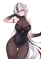 1girl arlecchino_(genshin_impact) black_eyes breasts charlie_purrito genshin_impact grey_hair hair_between_eyes highres leotard long_hair looking_at_viewer multicolored_hair solo streaked_hair white_hair