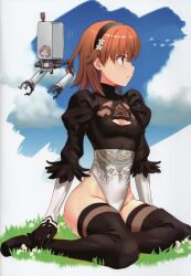 1girl 2b_(nier:automata) 2b_(nier:automata)_(cosplay) absurdres bird black_boots black_gloves black_hairband black_leotard black_thighhighs blue_sky blush boots breasts brown_eyes brown_hair chibi cleavage cleavage_cutout closed_mouth clothing_cutout cloud cloudy_sky cosplay covered_navel crease day drone feather-trimmed_sleeves feather_trim flower full_body gloves grass groin hair_flower hair_ornament hairband high_heel_boots high_heels highleg highleg_leotard highres juliet_sleeves leotard long_sleeves misaka_mikoto multiple_girls nier:automata nier_(series) no_blindfold non-web_source on_grass outdoors pod_(nier:automata) profile puffy_sleeves raika9 scan short_hair sitting sky small_breasts solo_focus thigh_boots thighhighs thighhighs_under_boots thighs toaru_kagaku_no_railgun toaru_majutsu_no_index turtleneck wariza white_flower white_leotard yokozuwari