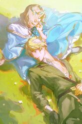 2boys absurdres aged_down axis_powers_hetalia bandaged_head bandages belt blonde_hair blue_tunic closed_eyes day flower france_(hetalia) green_jacket head_wreath highres jacket lap_pillow long_sleeves lying male_focus medium_hair military_uniform multiple_boys on_back on_grass outdoors shirt short_hair sitting thick_eyebrows tunic united_kingdom_(hetalia) wafen_juemu wavy_hair white_shirt