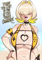 1girl armlet beach blonde_hair breasts choker collarbone covered_eyes day elegg_(boom_and_shock)_(nikke) elegg_(nikke) fang goddess_of_victory:_nikke hair_intakes huge_breasts jewelry multicolored_hair navel ocean official_alternate_costume open_mouth plump saltyxodium sand short_hair slingshot_swimsuit smile solo standing swimsuit text_focus two-tone_hair upper_body water