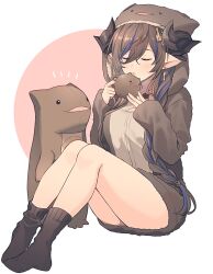 1girl :o blue_hair blush braid brown_hair brown_horns brown_pajamas brown_socks closed_eyes commentary_request cup curled_horns draph earrings galleon_(granblue_fantasy) granblue_fantasy hair_between_eyes hair_ornament hands_up highres holding holding_cup hood hood_up hooded_pajamas horns jewelry kingyo_114 knees_up long_hair long_sleeves mug multicolored_hair notice_lines open_mouth pajamas pink_background pointy_ears sidelocks simple_background sitting socks solo streaked_hair twin_braids two-tone_background u_u white_background