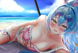 1girl beach bikini blush breasts cleavage elf eyewear_on_head high_ponytail hololive large_breasts long_hair looking_at_viewer ocean pink_bikini pointy_ears ponytail sand solo sunglasses swimsuit virtual_youtuber waniwani_(wasabiwaniwani) water yellow_eyes yukihana_lamy