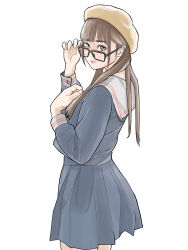 1girl absurdres adjusting_eyewear black-framed_eyewear brown_eyes brown_hair glasses hand_up hat highres long_hair long_sleeves sailor_collar sakamoto_giulietta school_uniform serafuku simple_background white_background yellow_hat