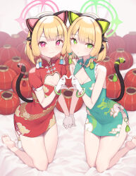 2girls absurdres alternate_costume animal_ear_headphones animal_ears barefoot blonde_hair blue_archive blush breasts cat_tail china_dress chinese_clothes cleavage_cutout cloba closed_mouth clothing_cutout dress fake_animal_ears gloves green_eyes green_halo halo headphones heart heart_hands heart_hands_duo highres kneeling looking_at_viewer midori_(blue_archive) momoi_(blue_archive) multiple_girls parted_lips pink_halo red_eyes short_hair siblings sisters small_breasts smile tail twins white_gloves