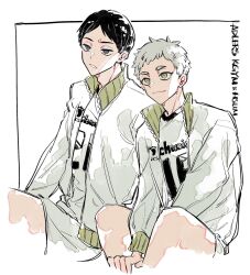 2boys adam&#039;s_apple black_hair blue_eyes closed_mouth coco_(238243) collared_jacket commentary crew_neck cropped_legs grey_eyes grey_hair haikyuu!! highres hoshiumi_kourai jacket kageyama_tobio long_sleeves looking_ahead male_focus multiple_boys open_clothes open_jacket parted_bangs parted_lips popped_collar shirt shorts sitting sportswear unzipped volleyball_uniform white_background white_shorts zipper