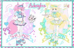 2girls :d animal_ear_fluff animal_ears arknights blonde_hair braid brown_eyes character_name closed_mouth fox_ears fox_girl fox_tail full_body green_eyes halo heart highres holding holding_plate kawaiiyagi kitsune knife kyuubi loose_socks midriff miniskirt morte_(arknights) multiple_girls multiple_tails navel one_eye_closed open_mouth plate puffy_short_sleeves puffy_sleeves purple_halo roller_skates shamare_(arknights) short_hair short_sleeves skates sketch skirt smile socks suzuran_(arknights) tail twin_braids visor_cap