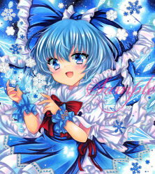 1girl :d blue_bow blue_dress blue_eyes blue_hair blue_wrist_cuffs blush bow bowtie cirno commentary_request cowboy_shot detached_wings dress fang frilled_bow frilled_wrist_cuffs frills hair_bow ice ice_wings looking_at_viewer marker_(medium) night open_mouth red_bow red_bowtie rui_(sugar3) sample_watermark short_hair short_sleeves skin_fang smile snowflakes solo touhou traditional_media watermark wings wrist_cuffs