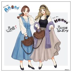 Rule 34 | 2girls, animification, aurora (disney), beauty and the beast (disney), belle (disney), blonde hair, brown eyes, brown hair, character name, company connection, copyright name, dress, long hair, looking at viewer, meecosme, multiple girls, nail polish, ponytail, sleeping beauty (disney), smile, translation request