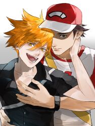 Rule 34 | 2boys, baseball cap, black shirt, blue oak, brown eyes, brown hair, closed mouth, collarbone, collared shirt, commentary request, crew neck, hair between eyes, hand on another&#039;s chest, hand on another&#039;s hip, hand on another&#039;s neck, hat, highres, male focus, multiple boys, nintendo, one eye covered, open mouth, partially shaded face, pokemon, pokemon sm, red (pokemon), sanpaku, shirt, short hair, short sleeves, sideburns, sinm i, t-shirt, teeth, tongue, upper body, white background, wing collar, wristband