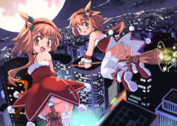 2girls broom broom_riding chocolat_queen christmas city highres looking_at_viewer marron_queen multiple_girls open_mouth original tagme yu_3