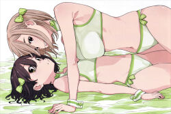 2girls armpits bikini breast_press breasts character_request clear_file_(medium) girl_on_top green_bikini grin highres imigimuru kono_bijutsubu_niwa_mondai_ga_aru! large_breasts looking_at_viewer lying merchandise_available multiple_girls navel on_back small_breasts smile stomach swimsuit thighs usami_mizuki wrist_cuffs yuri