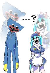 ... ? absurdres apron aqua_hair arms_at_sides black_eyes black_mouth blue_dress blue_fur blue_hat bow buttons commentary crazy crossover diagonal-striped_bow double-breasted dress empty_eyes eye_contact feet_out_of_frame frilled_apron frilled_dress frills gloves grey_ribbon hair_between_eyes hat hat_bow hatsune_miku head_tilt highres huggy_wuggy lips long_arms long_hair long_legs looking_at_another looking_down looking_to_the_side looking_up mesmerizer_(vocaloid) monster neck_ribbon pale_skin pinstripe_dress pinstripe_hat pinstripe_pattern poppy_playtime puffy_short_sleeves puffy_sleeves red_bow red_lips ribbon sharp_teeth short_sleeves side-by-side sketch standing striped_bow striped_clothes striped_dress tansu_(kiritns_mk) teeth tongue tongue_out vertical-striped_clothes vertical-striped_dress very_long_hair visor_cap vocaloid waist_apron white_background white_bow white_dress yellow_gloves zoom_layer