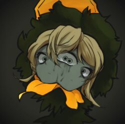 Rule 34 | 1girl, blonde hair, colored skin, conjoined, dream of a black swan, feathers, green feathers, grey background, grey skin, highres, lobotomy corporation, looking at viewer, project moon, short hair, simple background, solo, yatsumeunagi