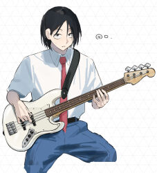 Rule 34 | 1boy, bass guitar, belt, black belt, black eyes, black hair, blue pants, character name, closed mouth, collared shirt, commentary, cropped legs, electric guitar, fender jazz bass, futsuu no keion-bu, guitar, guitar strap, highres, holding, holding bass guitar, holding instrument, instrument, kuma vs inu, looking at viewer, male focus, necktie, pants, parted bangs, red necktie, sanpaku, shirt, shirt tucked in, sitting, solo, sweatdrop, taguchi ryuuya, white shirt