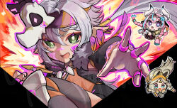 3girls ahoge animal_ears animal_skull aqua_eyes arm_up aura bike_shorts blue_hair braid chibi chibi_inset chinchilla_ears clenched_hand dark-skinned_female dark_skin earrings facial_mark floating_hair genshin_impact glowing green_eyes grey_hair hair_between_eyes hair_ornament headband horns iansan_(genshin_impact) jewelry kachina_(genshin_impact) long_hair long_sleeves looking_at_viewer multicolored_hair multiple_girls multiple_rings necklace open_mouth outline outstretched_arm pink_hair pink_outline pointy_ears purple_eyes ring sakura_no_yoru skull_on_head smile solo_focus twin_braids twitter_username two-tone_hair v-shaped_eyebrows varesa_(genshin_impact) very_long_hair visor_cap white_outline