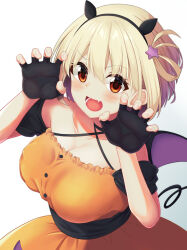 1girl :d aileron310310 animal_ear_hairband animal_ears bare_shoulders black_gloves black_hairband black_sash black_sleeves blonde_hair blush breasts claw_pose cleavage collarbone criss-cross_halter demon_wings detached_sleeves dress fake_animal_ears fang fingerless_gloves frilled_dress frills gloves hair_ornament hair_rings hairband halloween halterneck hands_up highres large_breasts looking_at_viewer lower_teeth_only lycoris_recoil nishikigi_chisato open_mouth orange_dress orange_eyes sash short_sleeves simple_background single_hair_ring sleeveless sleeveless_dress smile solo star_(symbol) star_hair_ornament teeth upper_body wings