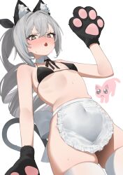 Rule 34 | 1girl, animal ear fluff, animal ears, animal hands, apron, bikini, bikini top only, black bikini, blush, bottomless, breasts, cat ears, cat tail, commentary request, covered navel, drill hair, drill ponytail, fake animal ears, fake tail, fang, flasso, frilled apron, frills, gloves, grey hair, hair between eyes, hair intakes, hand up, heart, heart-shaped pupils, highres, honkai: star rail, honkai (series), long hair, looking at viewer, maid apron, nose blush, open mouth, paw gloves, ponytail, silver wolf (honkai: star rail), simple background, skin fang, skindentation, small breasts, solo, swimsuit, symbol-shaped pupils, tail, thick thighs, thighhighs, thighs, waist apron, white apron, white background, white thighhighs