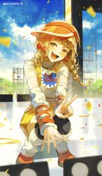 1girl absurdres arcobale_6 black_thighhighs blonde_hair blush braid commentary confetti detached_sleeves fang fujita_kotone full_body gakuen_idolmaster highres idolmaster leg_warmers long_hair looking_at_viewer low_twin_braids lower_teeth_only official_alternate_costume open_mouth orange_shoes orange_visor overall_shorts overalls print_shirt ribbed_leg_warmers shirt shoes shorts skin_fang smile solo stage suspender_shorts suspenders teeth text_print thighhighs twin_braids twitter_username v visor_cap white_arm_warmers white_leg_warmers white_shirt yellow_big_bang!_(idolmaster) yellow_eyes yellow_shorts