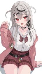 Rule 34 | 1girl, absurdres, belt, black belt, black choker, black hair, blush, cardigan, choker, grey hair, hair ornament, hairpin, highres, hololive, looking at viewer, multicolored hair, nail polish, o-ring, o-ring choker, official alternate costume, official alternate hairstyle, pink cardigan, pink nails, red eyes, red skirt, sakamata chloe, sakamata chloe (gyarumata), shirt, skirt, smile, solo, streaked hair, tamamorh, two side up, virtual youtuber, white shirt, x hair ornament