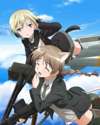 Rule 34 | 2girls, animal ears, artist request, black jacket, blonde hair, boys anti tank rifle, braid, brown hair, cat ears, cat girl, cat tail, closed eyes, cloud, cloudy sky, dog girl, dog tail, erica hartmann, flying, green necktie, gun, holding, holding gun, holding weapon, jacket, laughing, long hair, lynette bishop, machine gun, mg42, military, military uniform, multiple girls, necktie, no pants, official art, open mouth, shirt, short hair, single braid, sky, strike witches, striker unit, tail, vest, weapon, white shirt, world witches series