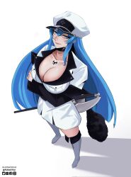 1girl akame_ga_kill! black_choker blue_eyes blue_hair boots breasts chest_tattoo choker closed_mouth crossed_arms esdeath franzailian5 from_above full_body hair_between_eyes hat highres jacket lapels large_breasts long_hair long_sleeves looking_at_viewer notched_lapels peaked_cap simple_background solo standing tattoo thigh_boots weapon white_background white_jacket
