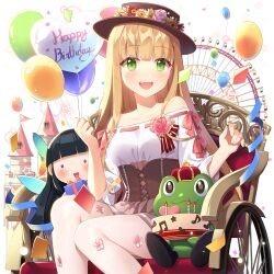 1girl balloon bare_legs blonde_hair blunt_bangs brown_corset brown_hat castle corset dress ferris_wheel green_eyes hat lina_princella long_hair off-shoulder_dress off_shoulder on_chair salt_(salty) sitting uchi_no_hime-sama_ga_ichiban_kawaii very_long_hair white_dress