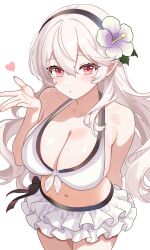 1girl arm_behind_back bikini black_hairband blowing_kiss blush breasts cleavage female_corrin_(fire_emblem) female_corrin_(novice_vacationer)_(fire_emblem) fire_emblem fire_emblem_fates fire_emblem_heroes flower grey_hair hair_between_eyes hair_flower hair_ornament hairband heart highres large_breasts legs long_hair looking_at_viewer n_54 navel nintendo official_alternate_costume parted_lips pointy_ears red_eyes sideboob skindentation solo sweat swimsuit thighs white_bikini