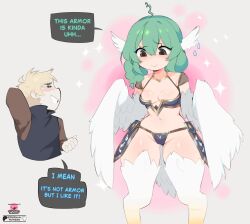 1boy 1girl ahoge armor bikini_armor birb_(niniidawns) bird_legs bird_tail black_eyes blush braid breasts cameltoe chicken_girl commentary embarrassed english_commentary english_text expressive_hair faulds feathered_wings feathers green_hair hair_between_eyes harpy head_wings highres long_hair monster_girl niniidawns original revealing_clothes small_breasts speech_bubble tail twin_braids white_feathers white_wings wide_hips wing_ears winged_arms wings