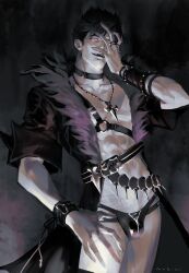 Rule 34 | 1boy, absurdres, arm up, belial (granblue fantasy), belial (summer) (granblue fantasy), black choker, black coat, black hair, black male swimwear, bracelet, chest harness, choker, coat, collarbone, commentary request, feather-trimmed coat, feather trim, feathers, granblue fantasy, hand on own face, harness, highres, jewelry, looking at viewer, male focus, male swimwear, mokimi, necklace, official alternate costume, open mouth, red eyes, ring, short hair, sideburns, sleeve cuffs, smile, solo, spiked bracelet, spikes, swim briefs, teeth, toned, toned male, upper teeth only