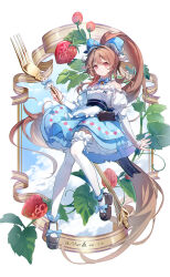 1girl absurdres animal_ears arknights bare_shoulders black_shoes blue_skirt blush brown_hair closed_mouth clothing_cutout curled_horns eyjafjalla_(arknights) food fork fruit hair_between_eyes highres holding holding_fork horns long_hair looking_at_viewer morimori_(14292311) pink_eyes ponytail sheep_ears sheep_girl sheep_horns shirt shoes shoulder_cutout sidelocks skirt smile solo strawberry thighhighs white_shirt white_thighhighs