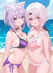 2girls absurdres ahoge animal_ears beach bikini breasts cat_ears cleavage highres hololive multiple_girls navel nekomata_okayu nijisanji no_tail ocean pink_eyes pink_hair plaid_bikini plaid_clothes purple_bikini purple_eyes purple_hair shiina_yuika side-tie_bikini_bottom swimsuit tillots virtual_youtuber wet