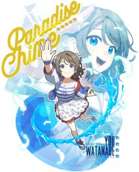 1girl arm_up blue_eyes brown_hair character_name full_body grin jacket looking_at_viewer love_live! love_live!_sunshine!! open_mouth parted_lips short_hair short_sleeves skirt smile solo teeth transparent_background upper_teeth_only waste-man watanabe_you
