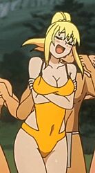 1girl 3boys blonde_hair breasts darkness_(konosuba) kono_subarashii_sekai_ni_shukufuku_wo! multiple_boys open_mouth ponytail shaking swimsuit thighs wet