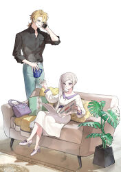 1boy 1girl absurdres alternate_costume arm_up belt belt_around_waist black_shirt blonde_hair blue_eyes cellphone closed_mouth collared_dress collared_shirt commentary_request contemporary couch couple crossed_legs cup denim dimitri_alexandre_blaiddyd dress edelgard_von_hresvelg fern fire_emblem fire_emblem:_three_houses fire_emblem_warriors:_three_hopes hair_between_eyes highres holding holding_cup holding_newspaper holding_phone ikaikakka indoors jeans light_blush long_hair long_sleeves looking_at_object looking_down looking_to_the_side low_ponytail mug newspaper nintendo official_alternate_hairstyle on_couch pants parted_bangs parted_lips partially_unbuttoned phone pillow plant ponytail purple_eyes reaching reaching_towards_another reading shade shadow shirt side_ponytail sitting sleeves_rolled_up smartphone standing white_background white_shirt
