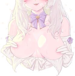 1girl areola_slip blush bow bowtie breasts c8oyk covering_nipples covering_privates elbow_gloves eyes_out_of_frame facial_mark fang final_fantasy final_fantasy_xiv flower glove_bow gloves hair_flower hair_ornament head_out_of_frame highres large_breasts leotard long_hair miqo&#039;te open_mouth purple_bow purple_bowtie smile solo strapless strapless_leotard upper_body warrior_of_light_(ff14) whisker_markings white_flower white_gloves white_hair white_leotard