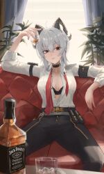 1girl absurdres alcohol armband black_armband black_bra black_choker black_horns black_pants bottle bra bra_peek breasts choker collared_shirt commentary couch cup curled_horns curtains drinking_glass grey_hair highres holding holding_cup horns huyn_ebuns indoors jack_daniel&#039;s large_breasts long_hair looking_at_viewer multicolored_hair necktie on_couch pants parted_lips red_eyes red_necktie shirt shirt_tucked_in sitting solo streaked_hair underwear undone_necktie whiskey white_shirt window wuthering_waves zani_(wuthering_waves)